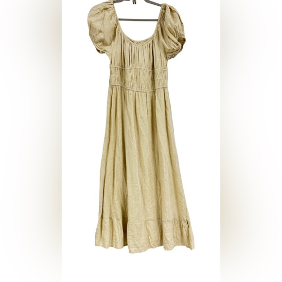 NWT Simi & Sam Linen blend Cottagecore Midi Puff Sleeve Neutral Boho Prairie | M - Picture 1 of 16